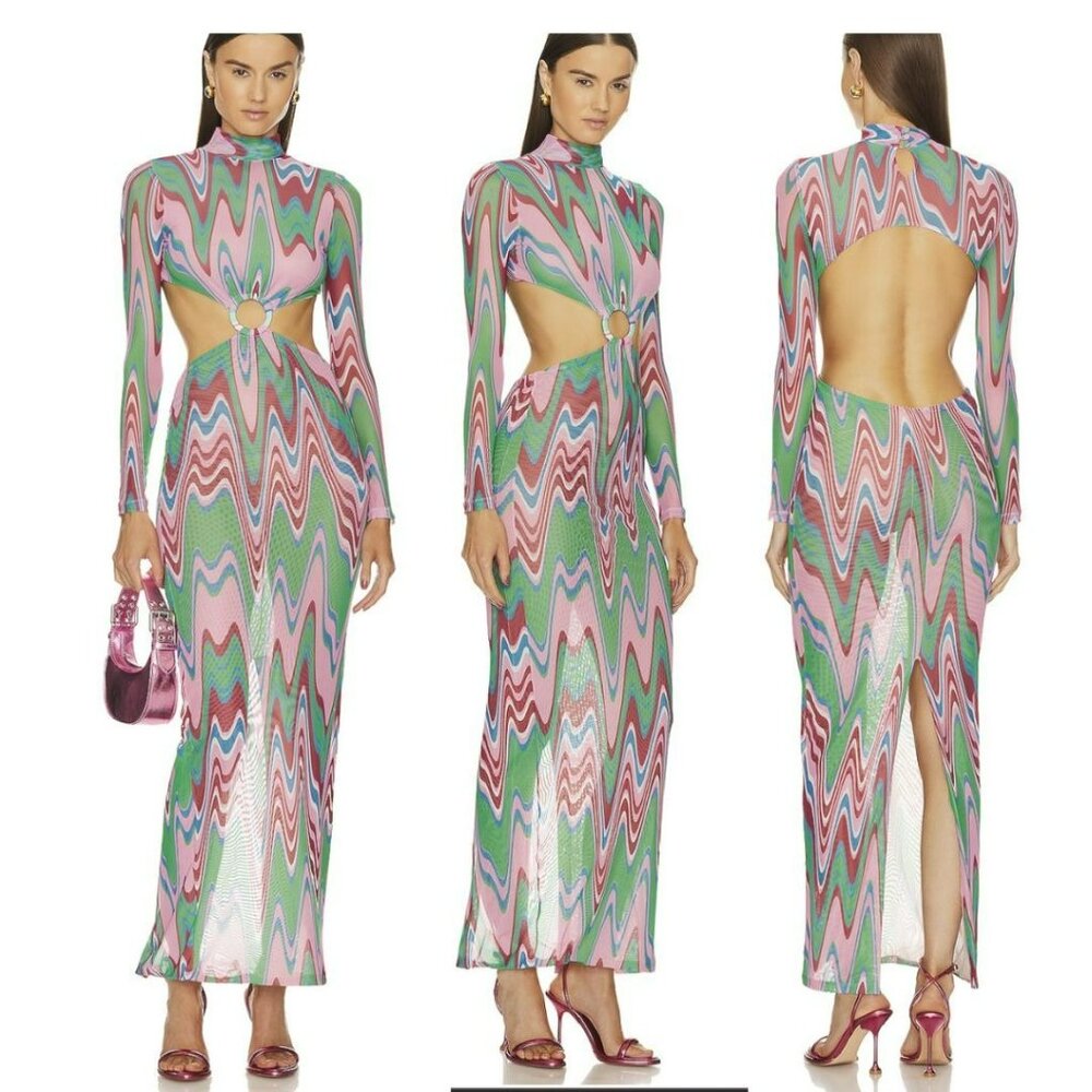 PatBo $550 Green Maxi Wave Dress Cut Out Long Sleeve Colorful Size Medium NWT